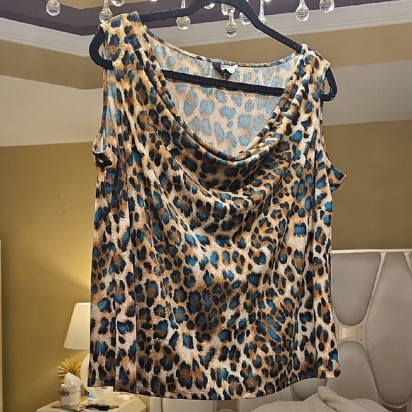 Tahari Blue and Brown Leopard Print Blouse - Picture 1 of 10